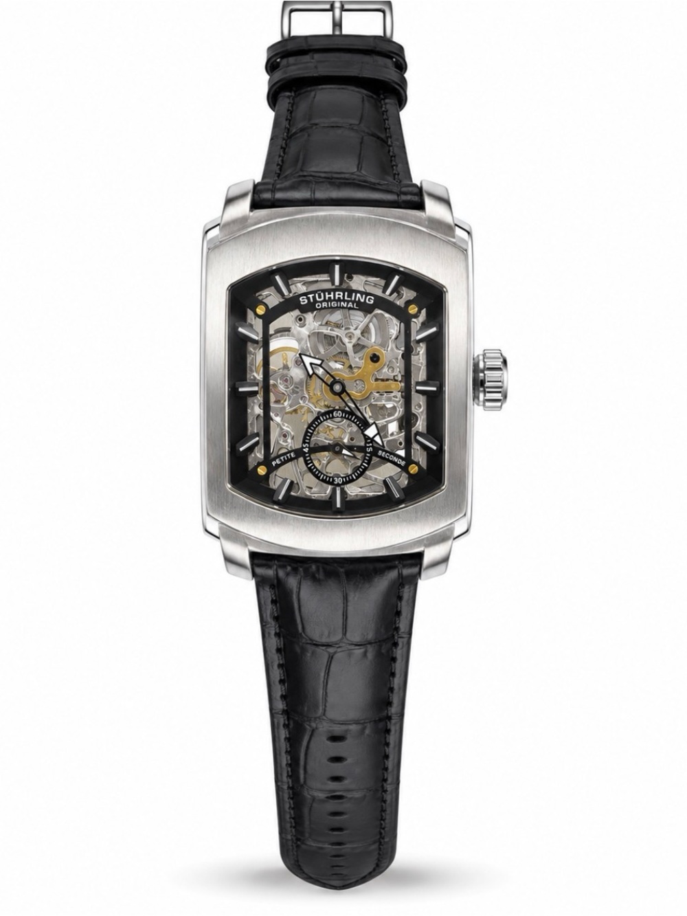 Stuhrling Original Silver Case Black Strap Skeleton Dial Watch with Gold Accents